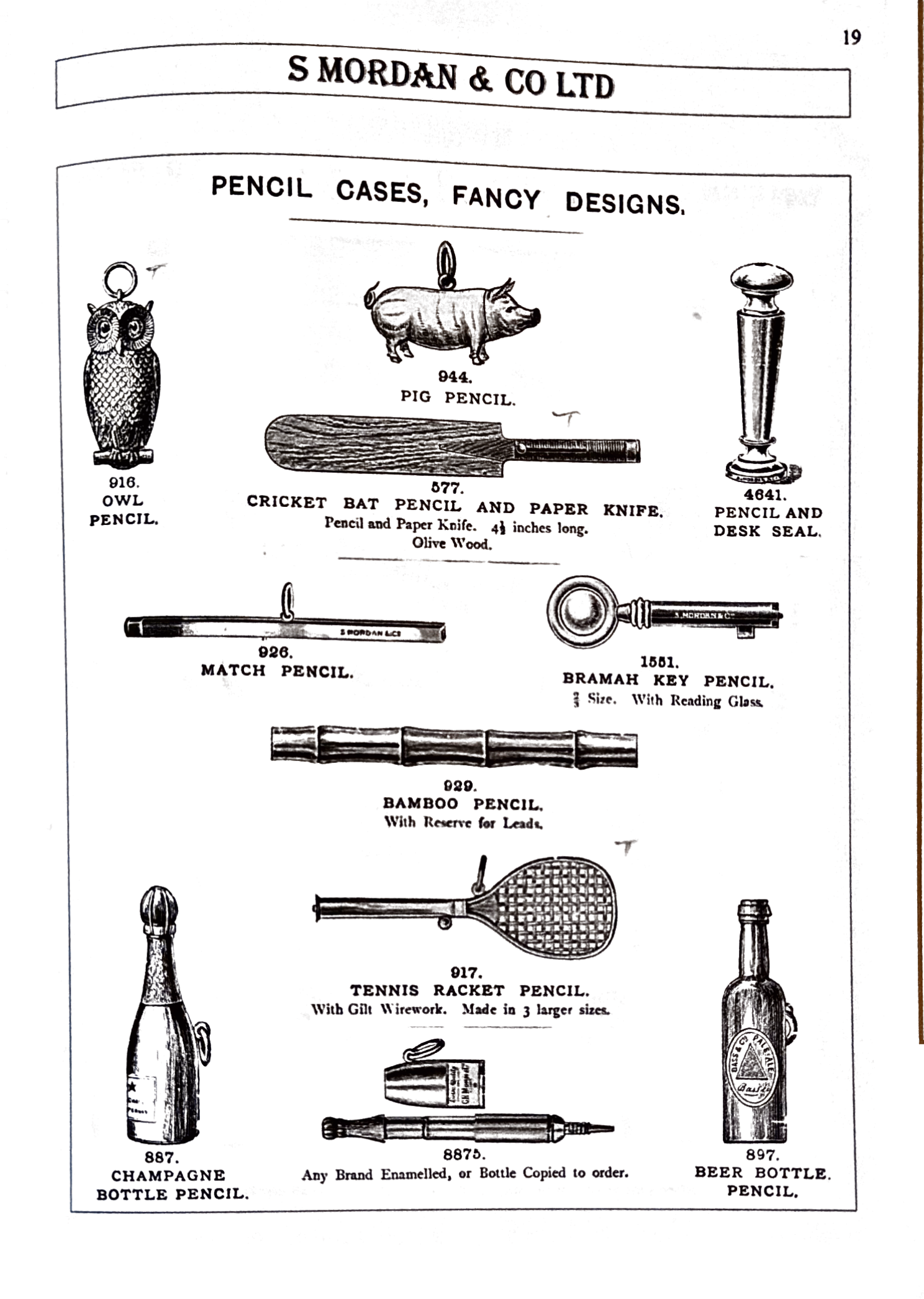 Pàgina del catàleg de S. Mordan & Co. de 1898 amb el Cricket Bat Pencil and Paper Knife número 577